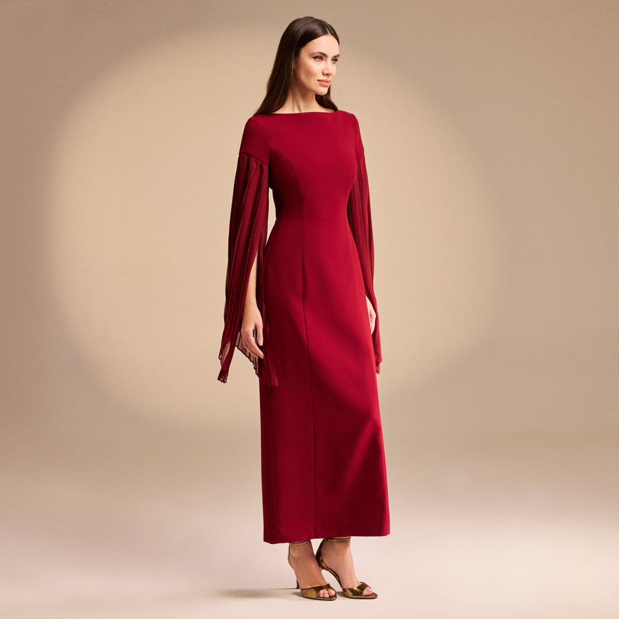 Crepe Midi Dress with Pleated Sleeve - shopaleena