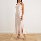 Criss Cross Halter Satin Maxi Dress Nude - shopaleena