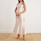 Criss Cross Halter Satin Maxi Dress Nude - shopaleena