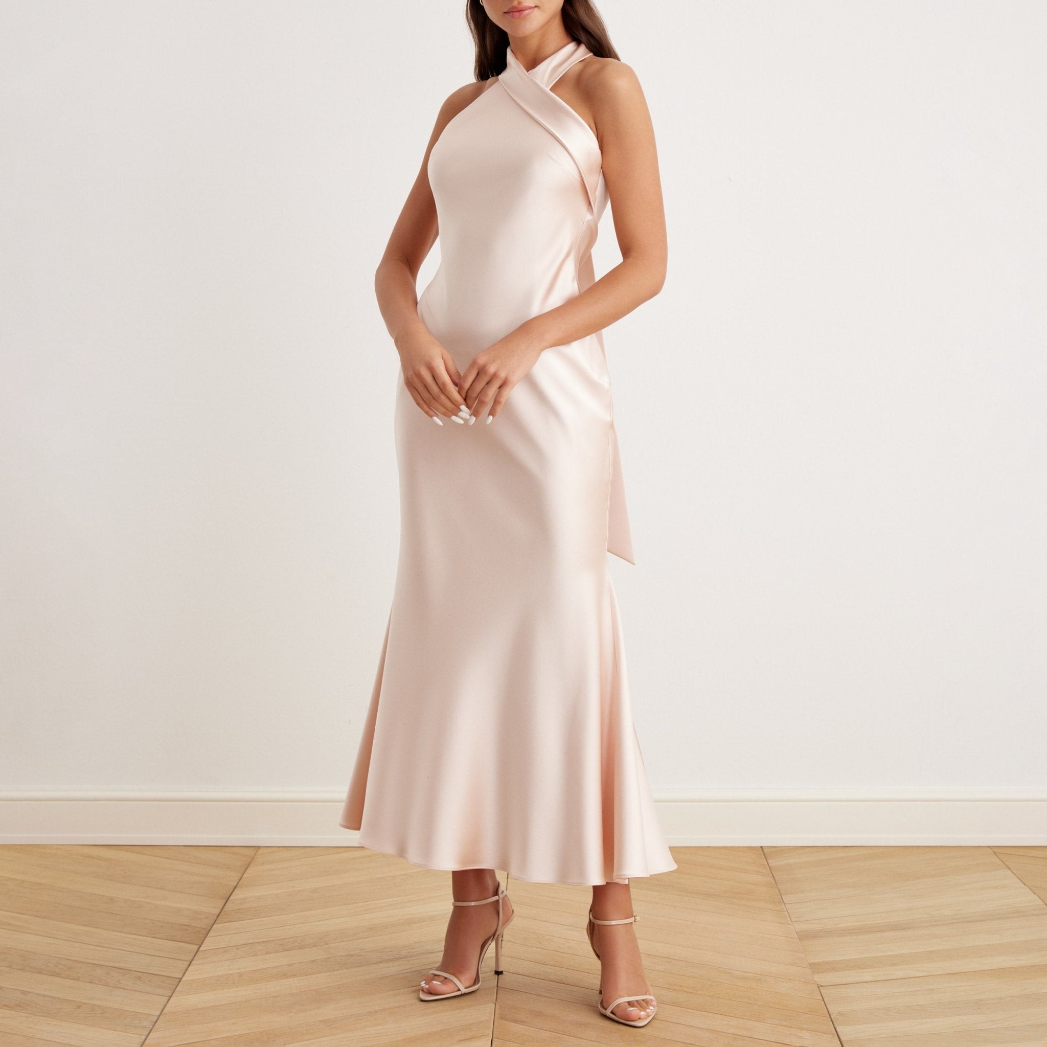 Criss Cross Halter Satin Maxi Dress Nude - shopaleena