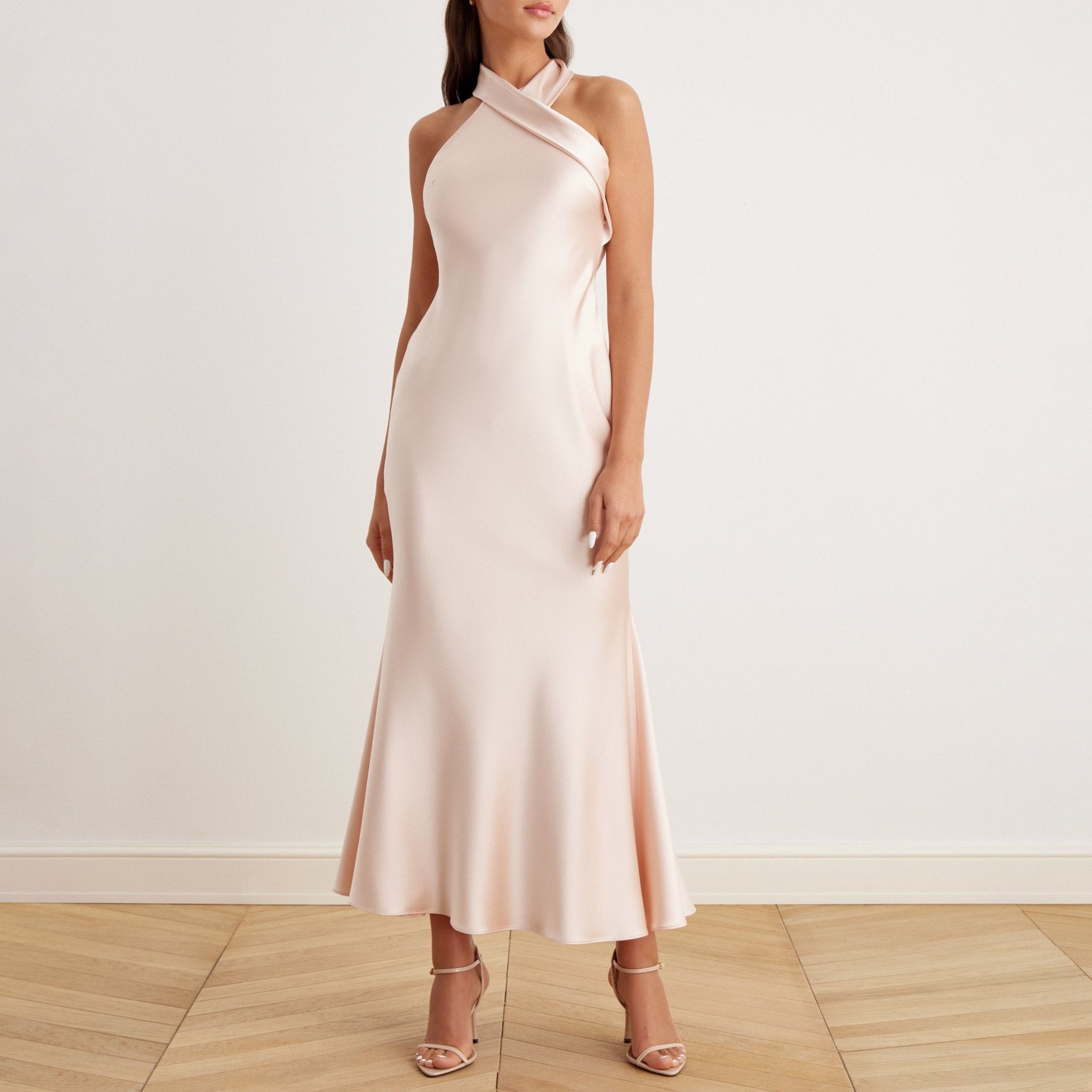 Criss Cross Halter Satin Maxi Dress Nude - shopaleena