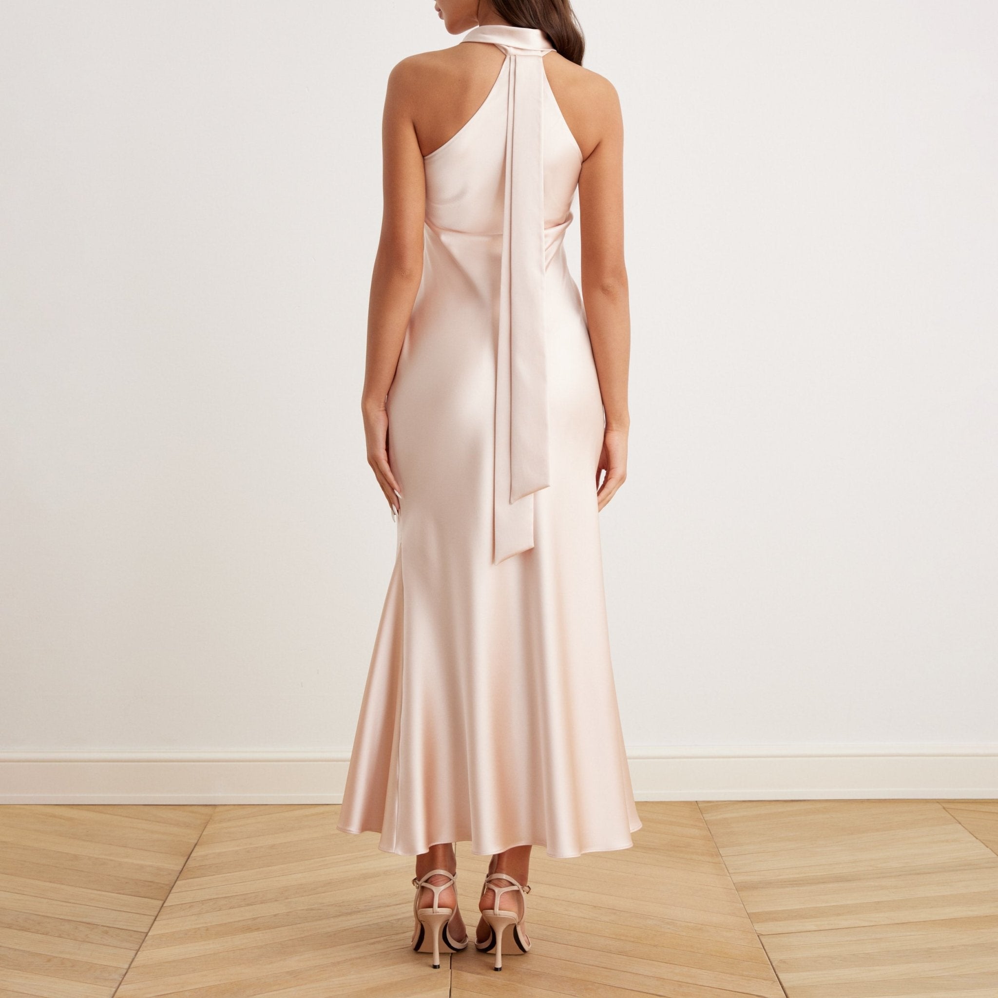 Criss Cross Halter Satin Maxi Dress Nude - shopaleena