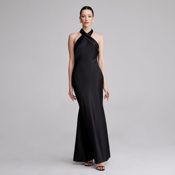 Black Criss Cross Halter Satin Maxi Dress
