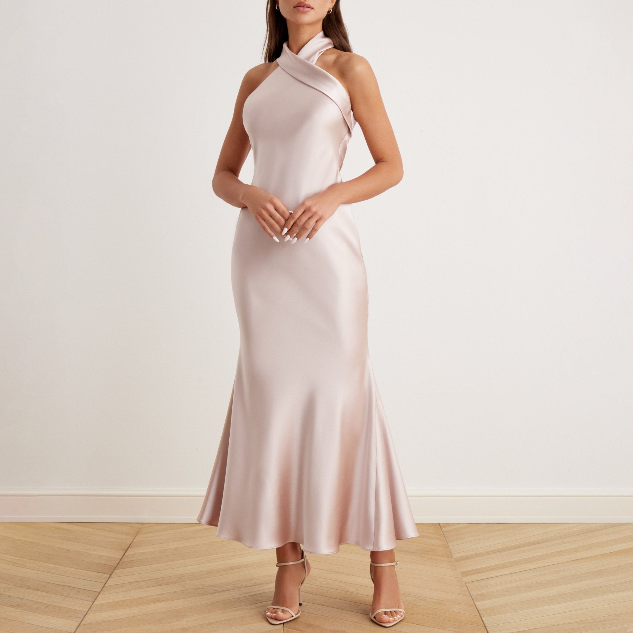 Criss Cross Halter Satin Maxi Dress - shopaleena