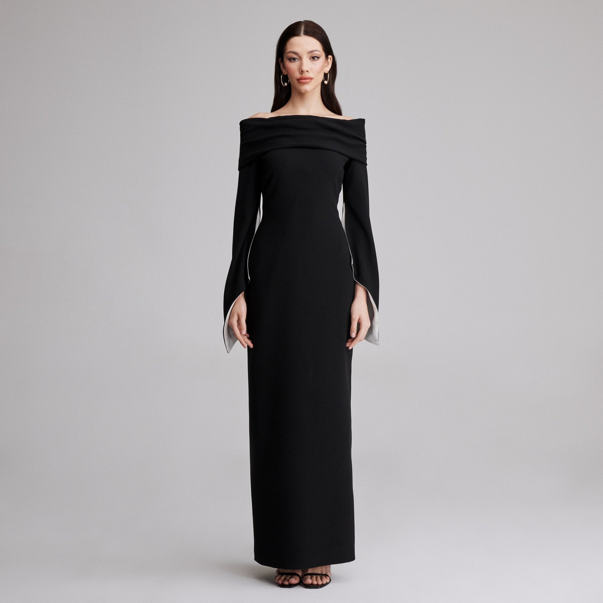 Black Draped Off-Shoulder Crepe Maxi Dress – shopaleena Black Draped Off-Shoulder Crepe Maxi Dress – shopaleena