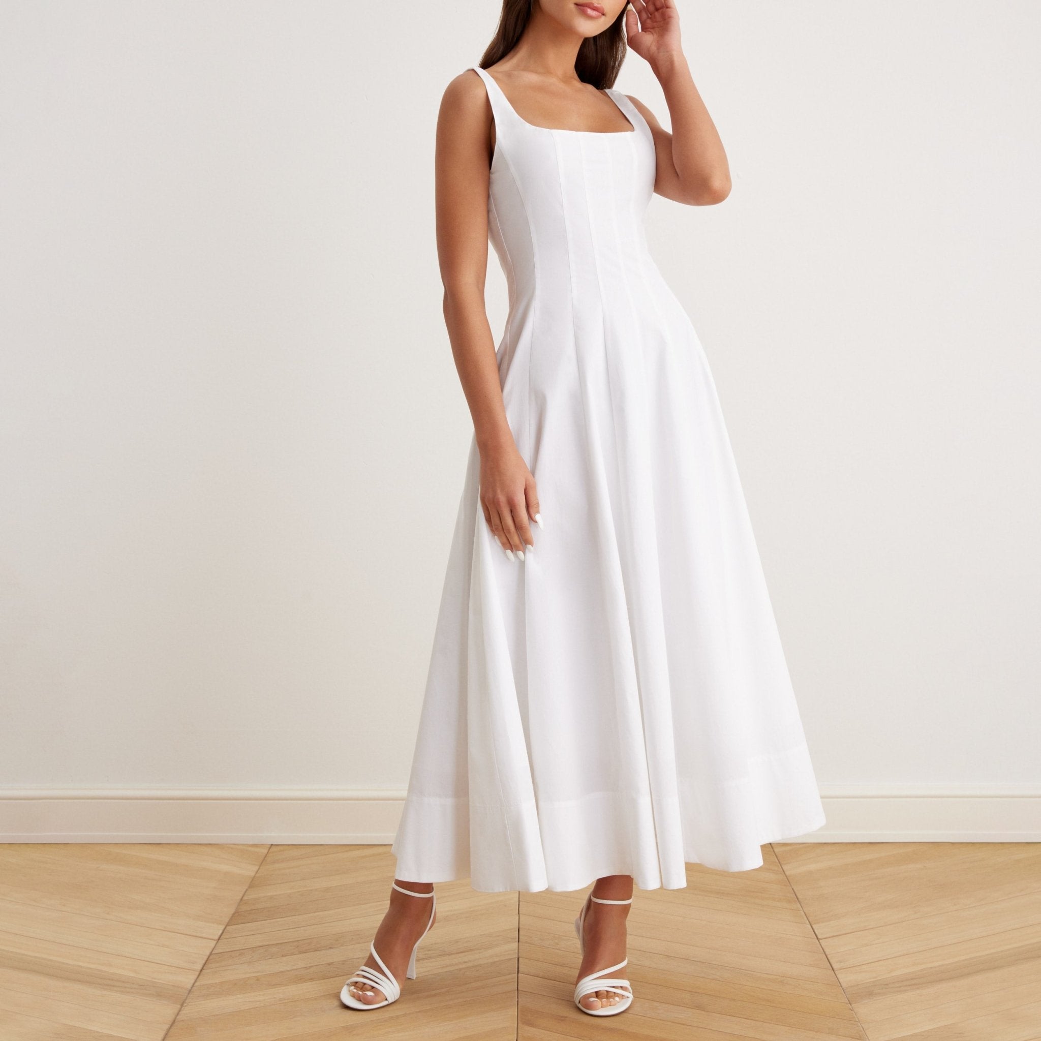 Fitted Waist Midi A-line Dress in Cotton - shopaleena