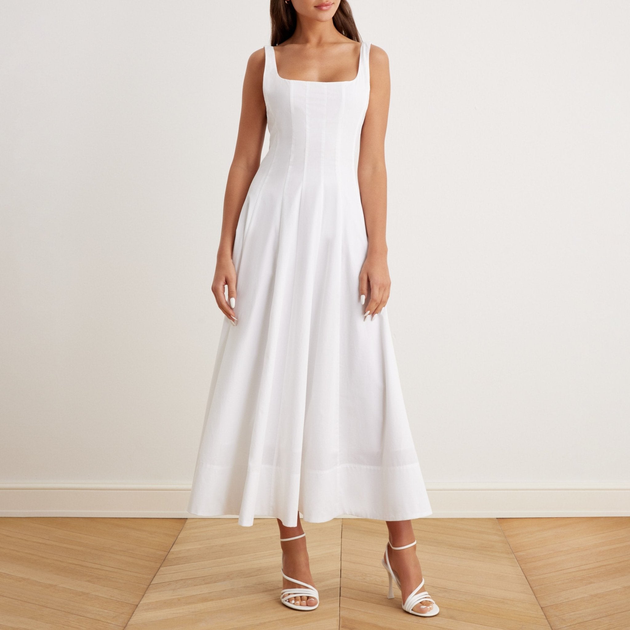 Fitted Waist Midi A-line Dress in Cotton - shopaleena