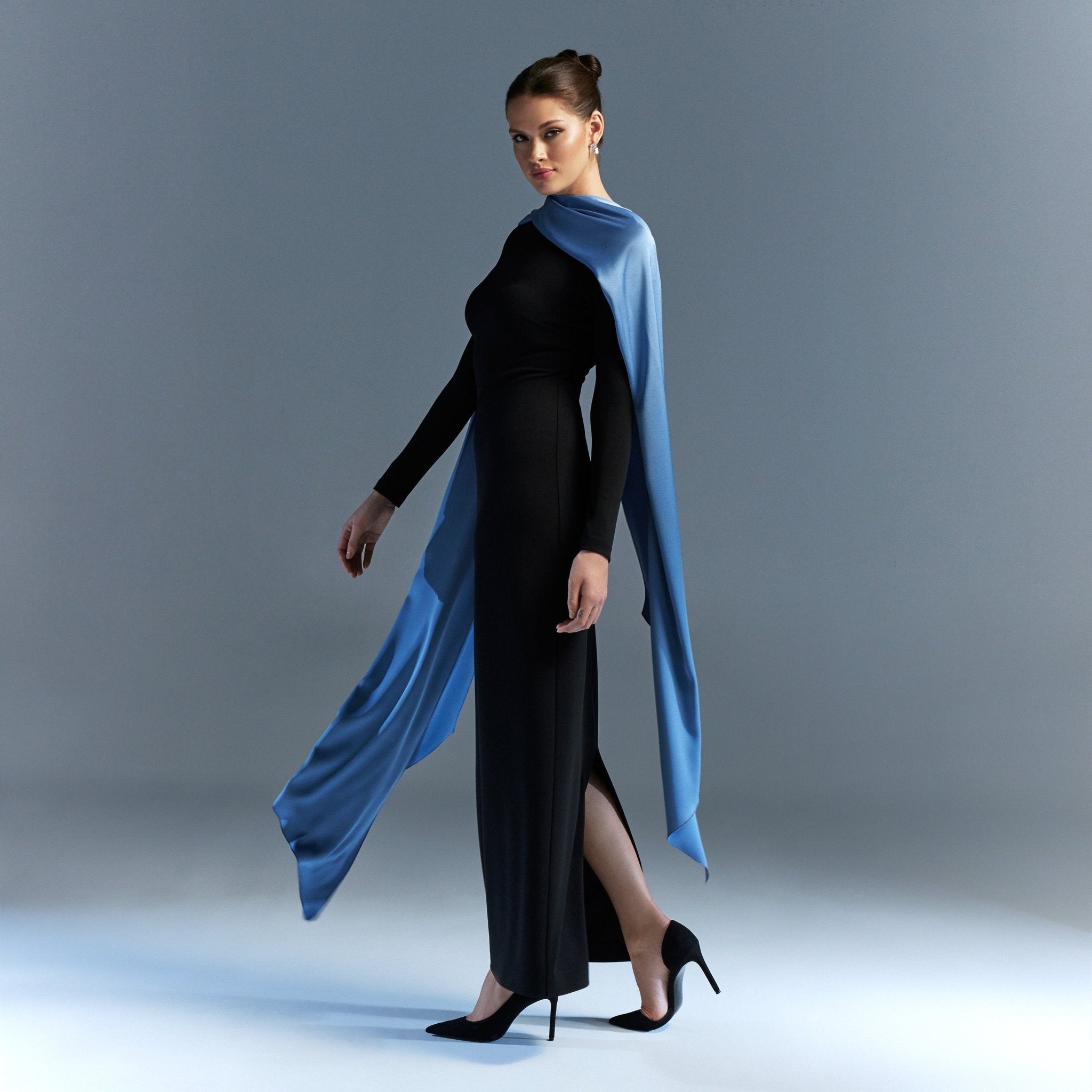 Long sleeve crepe dress with satin scarf - shopaleena