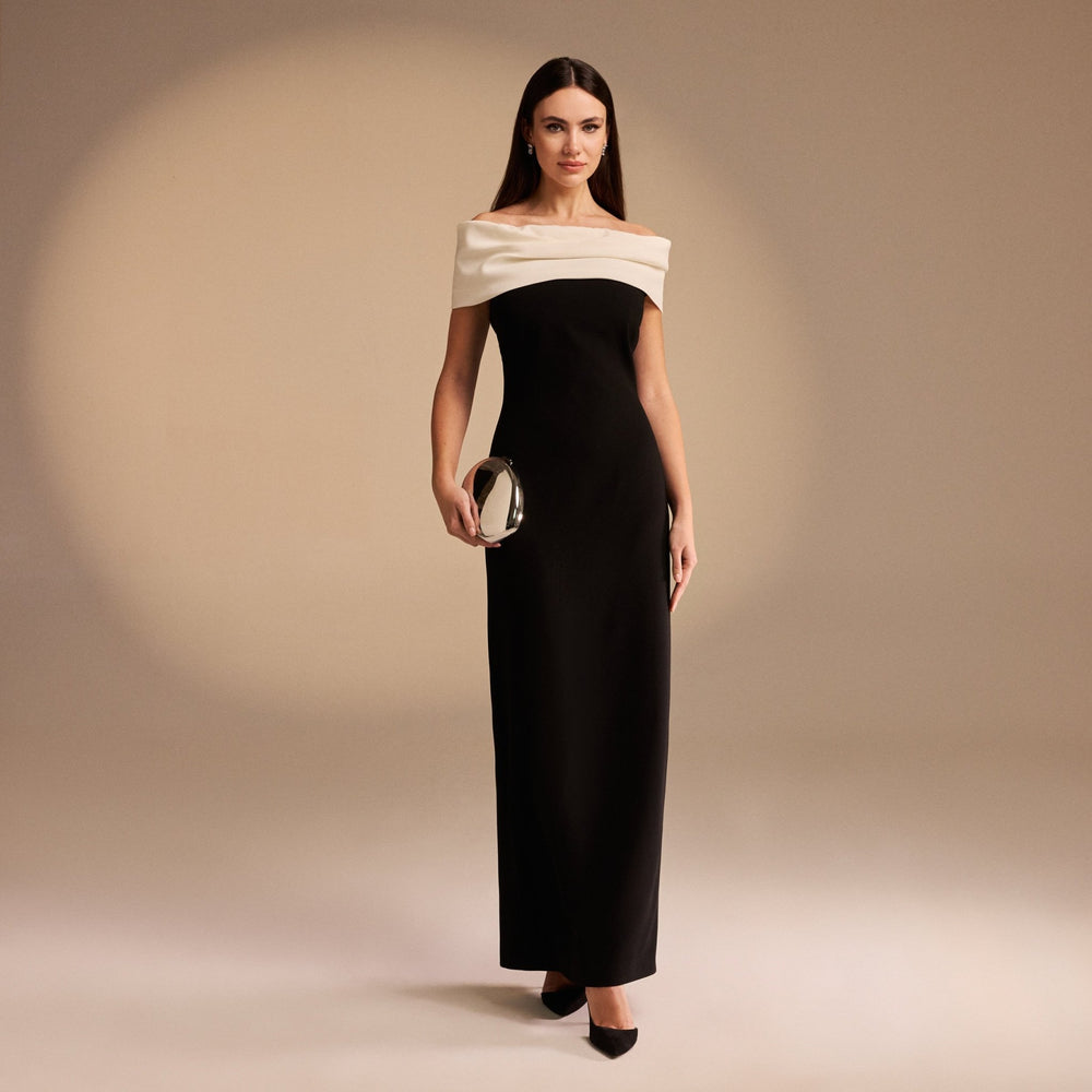 Black & White Off-shoulder Crepe Maxi Dress shopaleena Black & White Off-shoulder Crepe Maxi Dress shopaleena