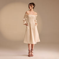 Off Shoulder Puff Sleeve Midi Dress in Linen Cotton Blend - shopaleena