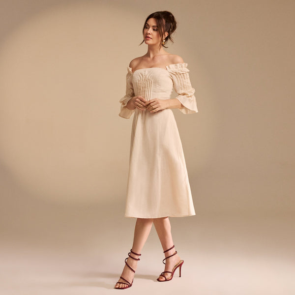 Beige Off Shoulder Puff Sleeve Midi Dress in Linen Cotton Blend – shopaleena