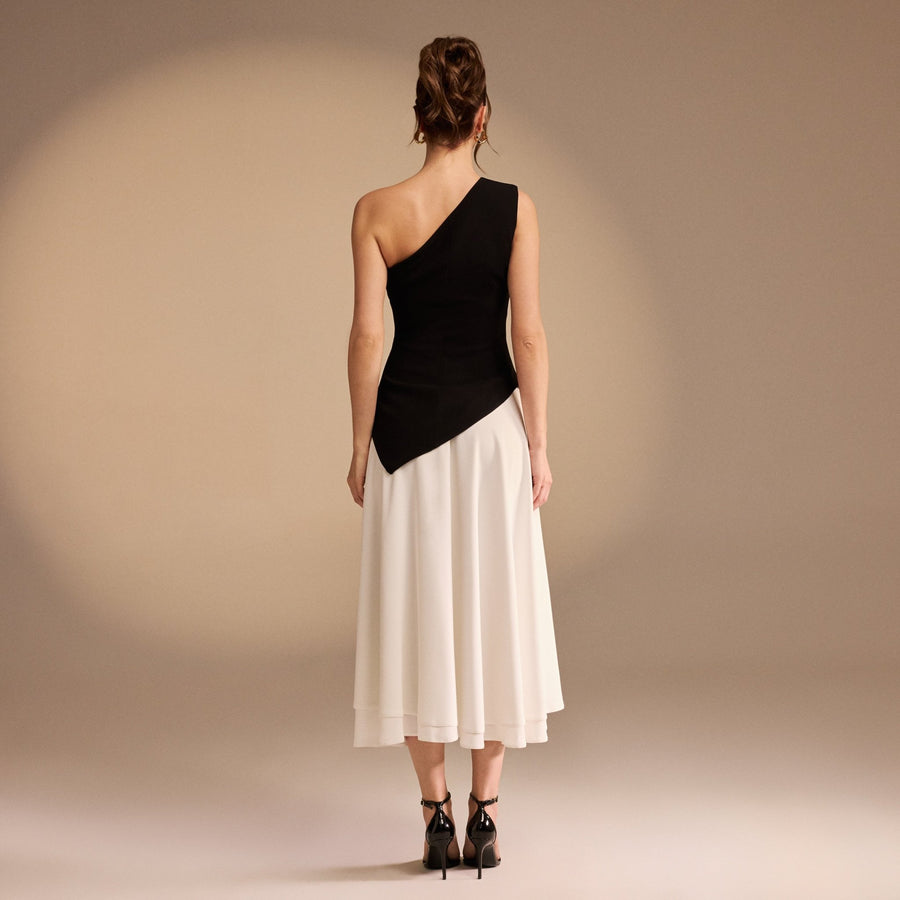 One Shoulder Crepe Midi Dress With Pleats - shopaleena