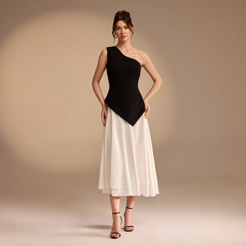 One Shoulder Crepe Midi Dress With Pleats - shopaleena