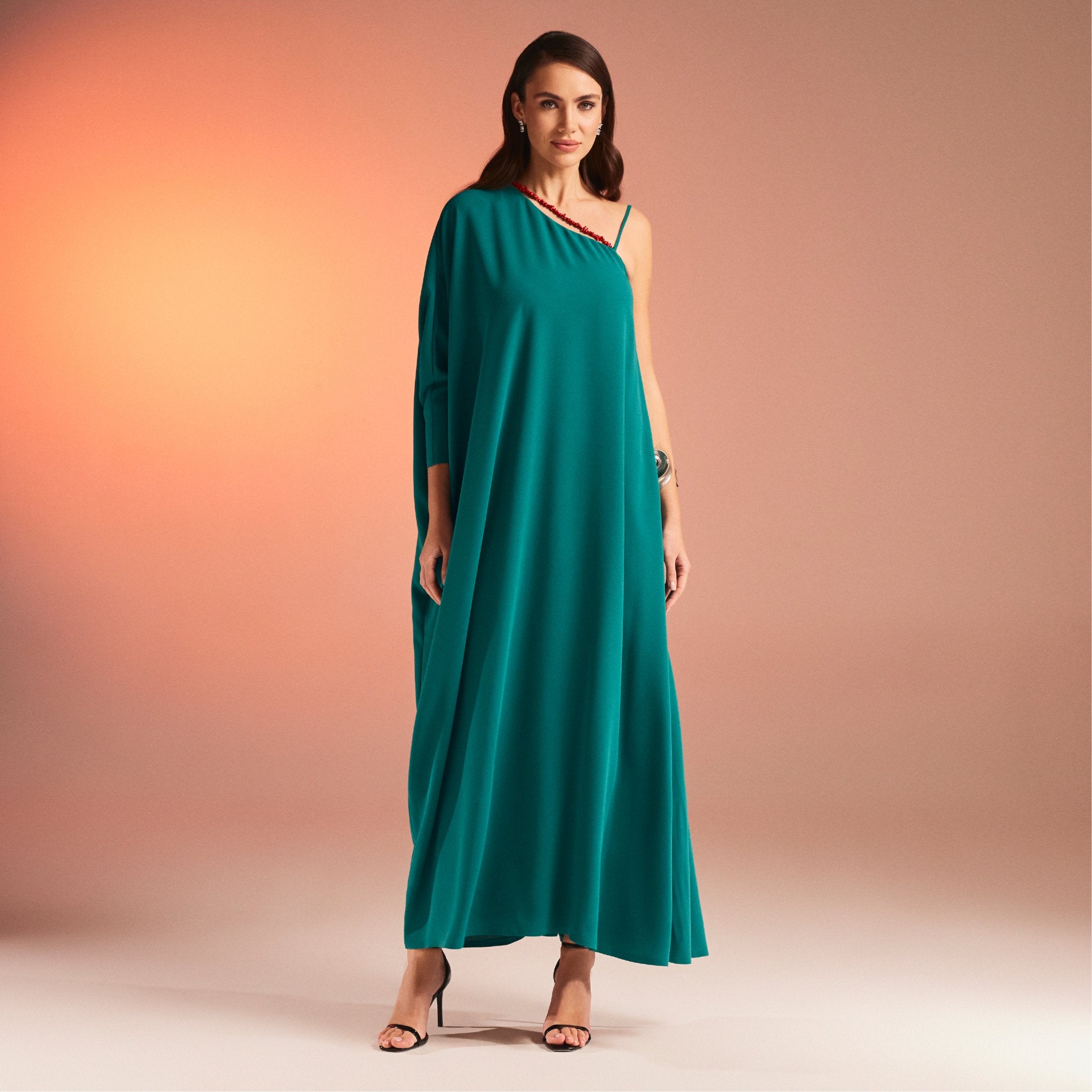 One Shoulder Long Sleeve Crepe Kaftan - shopaleena