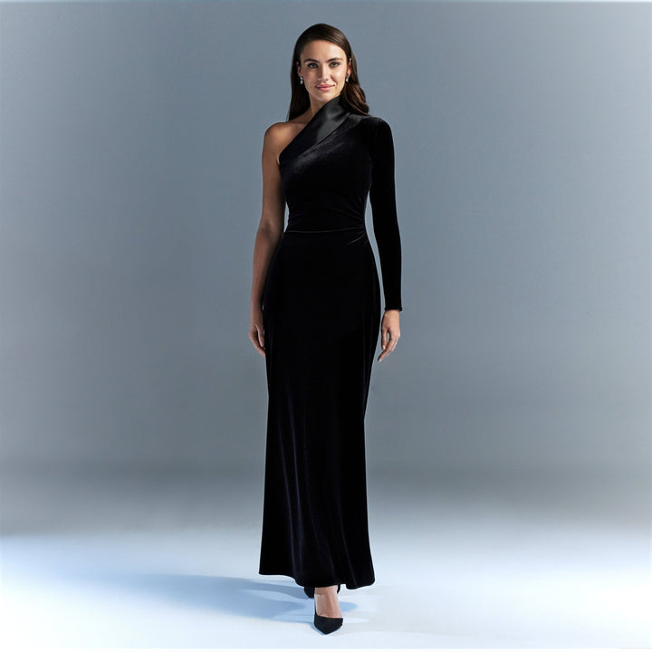 One Shoulder Velvet Maxi Dress With Satin Hem - Limited edition - shopaleena