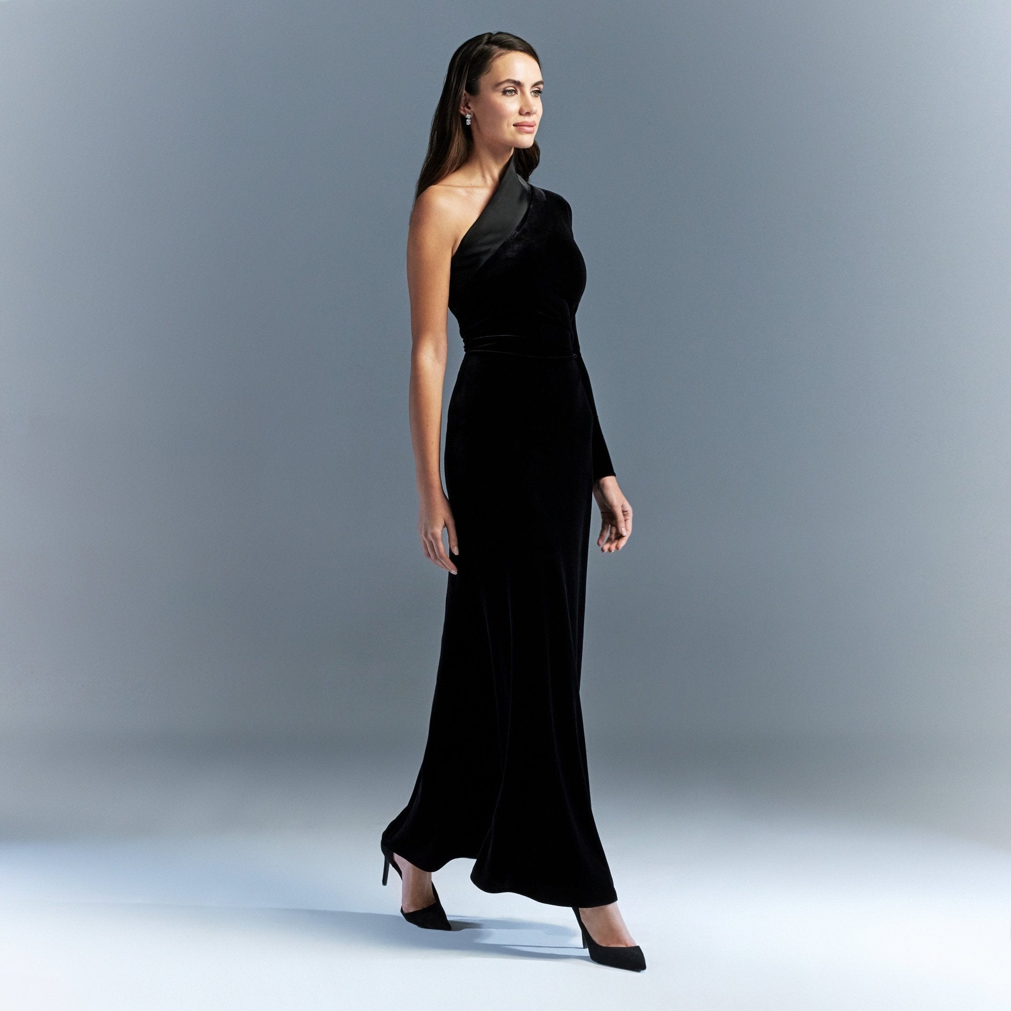 One Shoulder Velvet Maxi Dress With Satin Hem - Limited edition - shopaleena