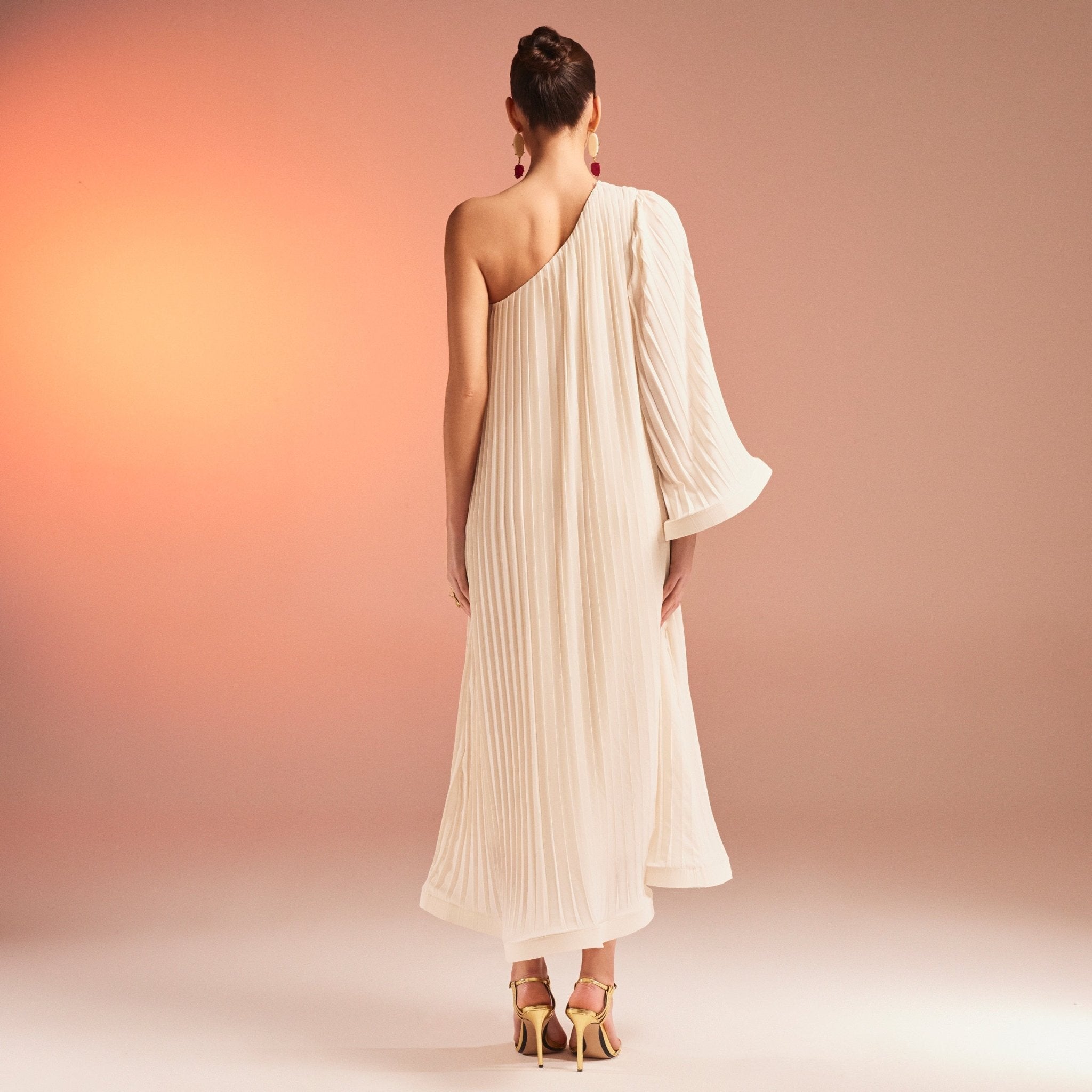 Pleated One Shoulder Long Sleeve Crepe Dress - shopaleena