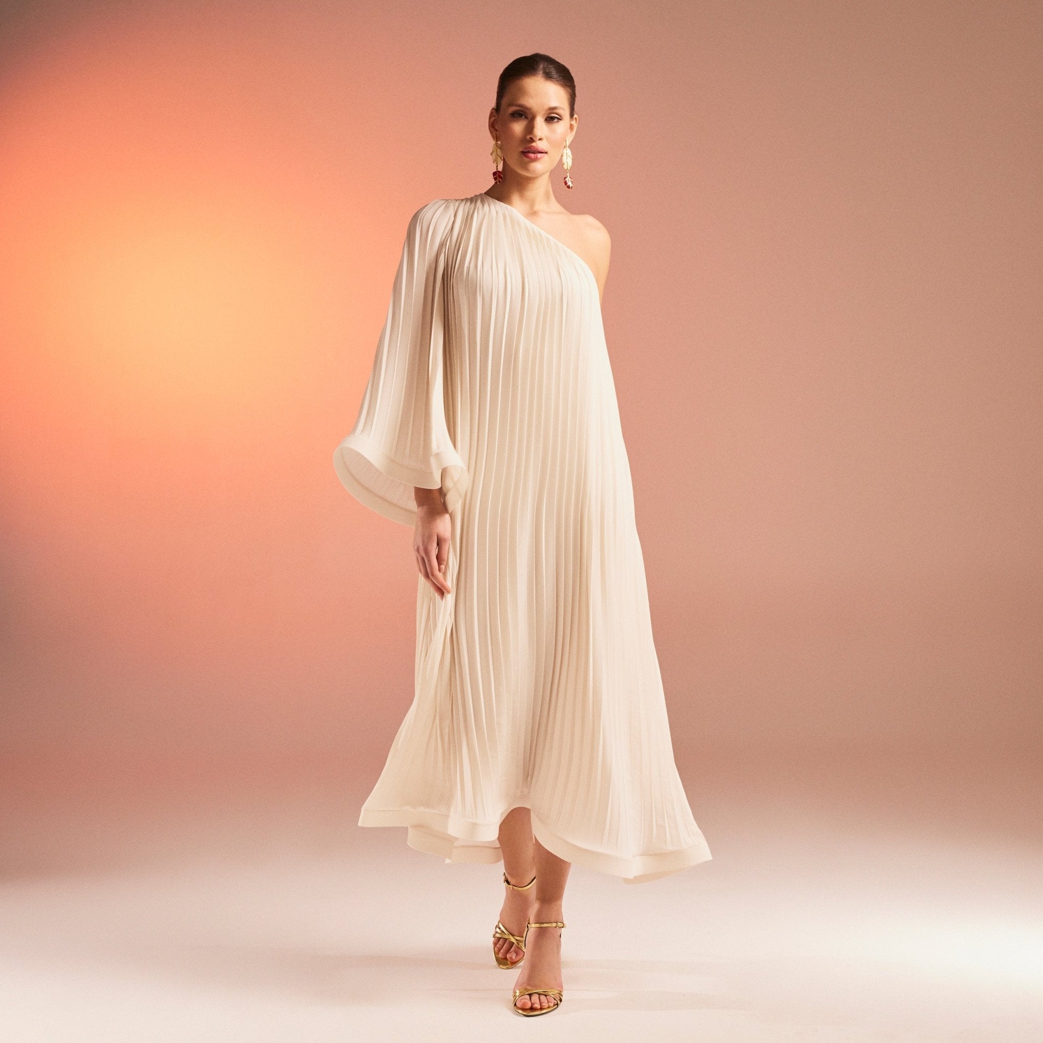 Pleated One Shoulder Long Sleeve Crepe Dress - shopaleena