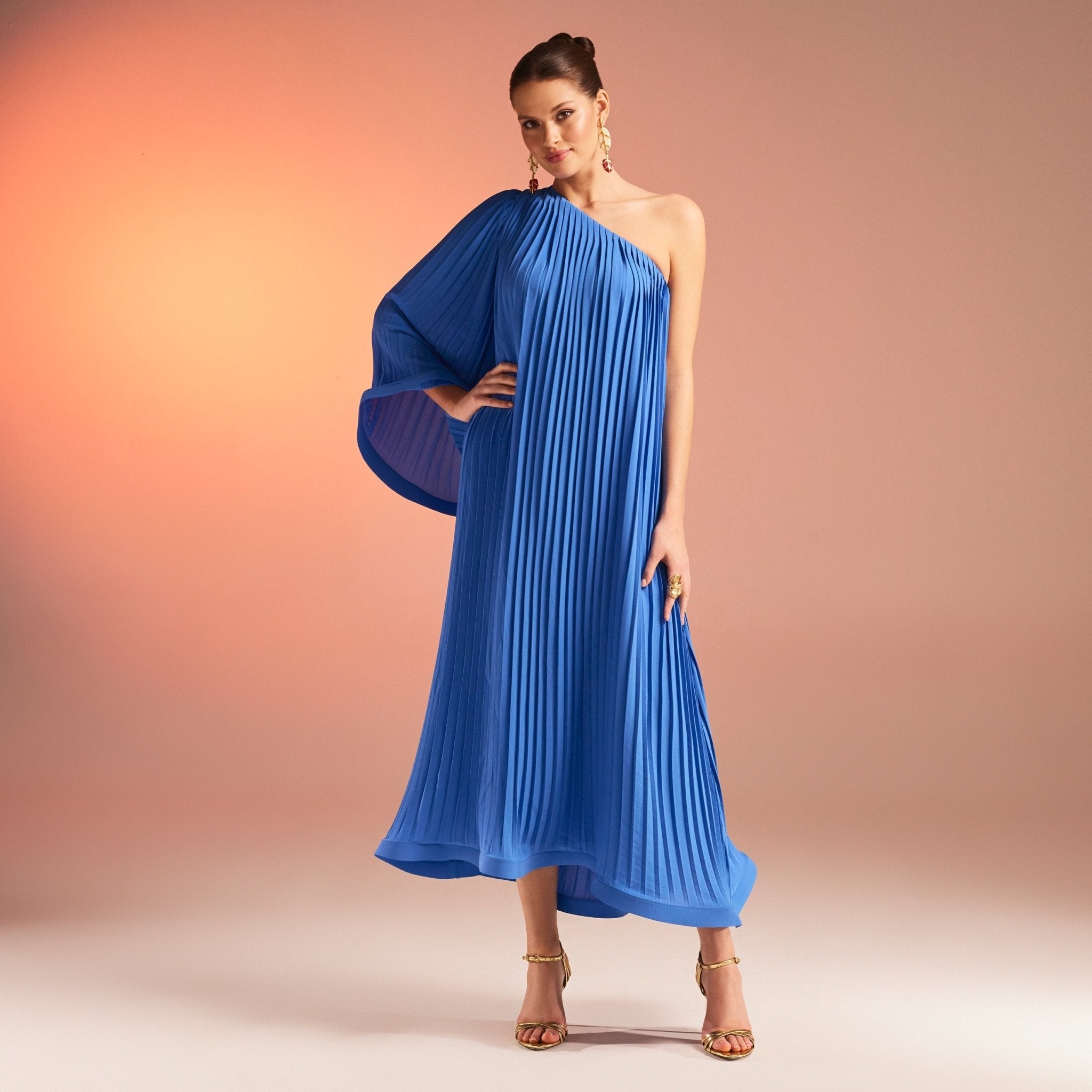 Pleated One Shoulder Long Sleeve Crepe Dress - shopaleena