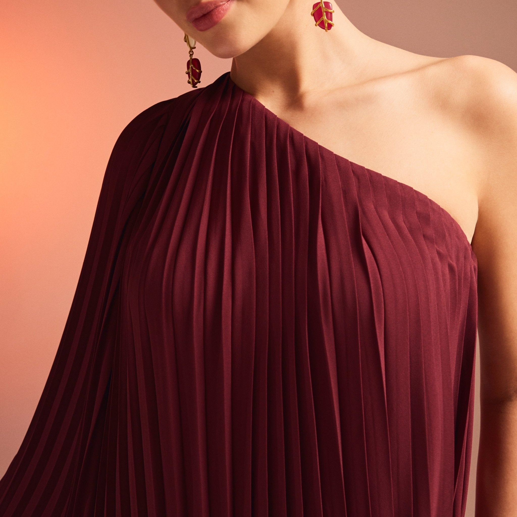 Red Pleated One Shoulder Long Sleeve Dress – shopaleena