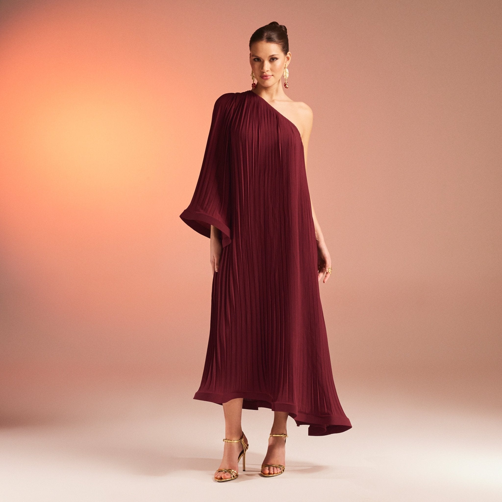 Pleated One Shoulder Long Sleeve Dress - shopaleena