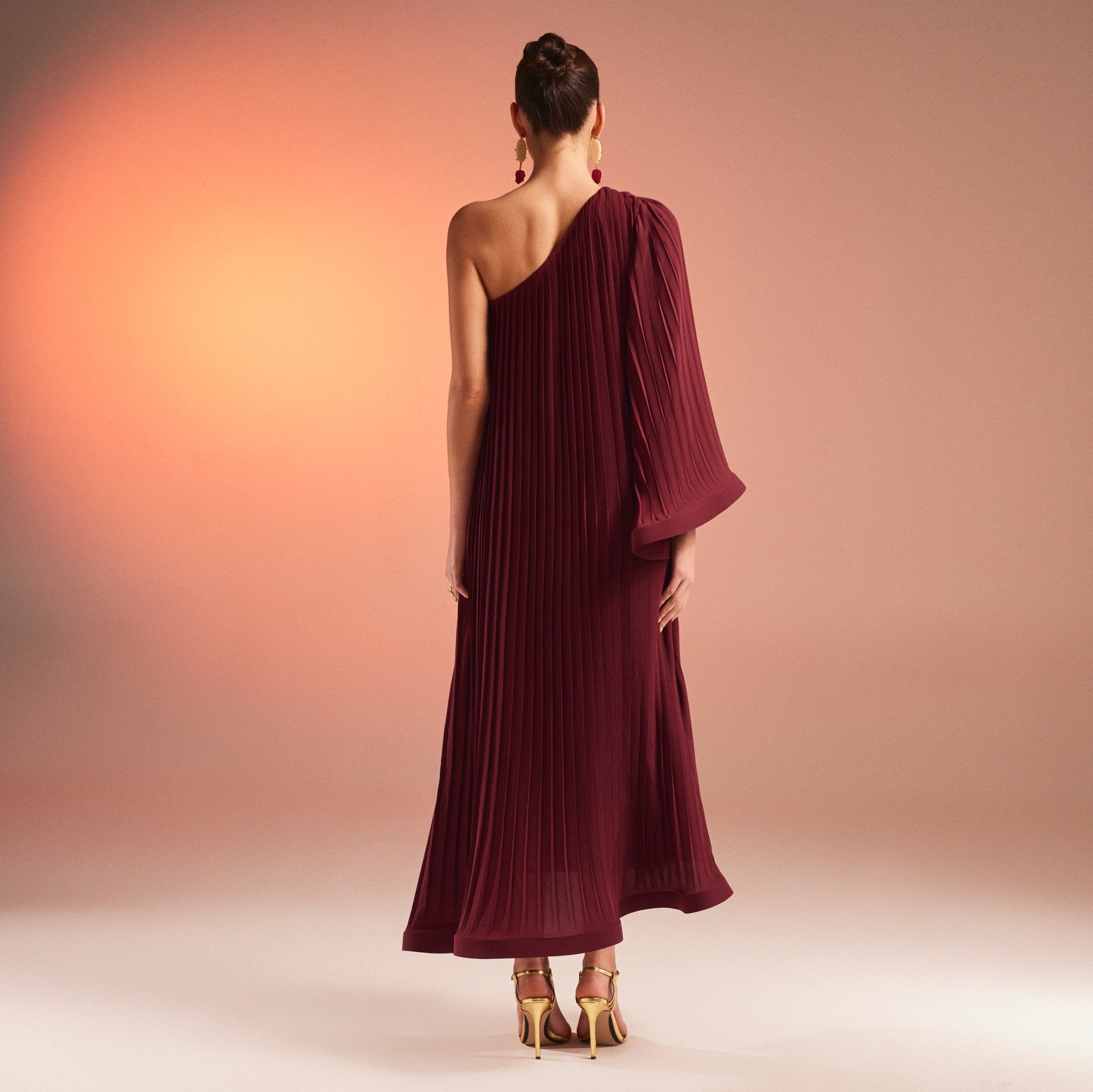 Pleated One Shoulder Long Sleeve Dress - shopaleena