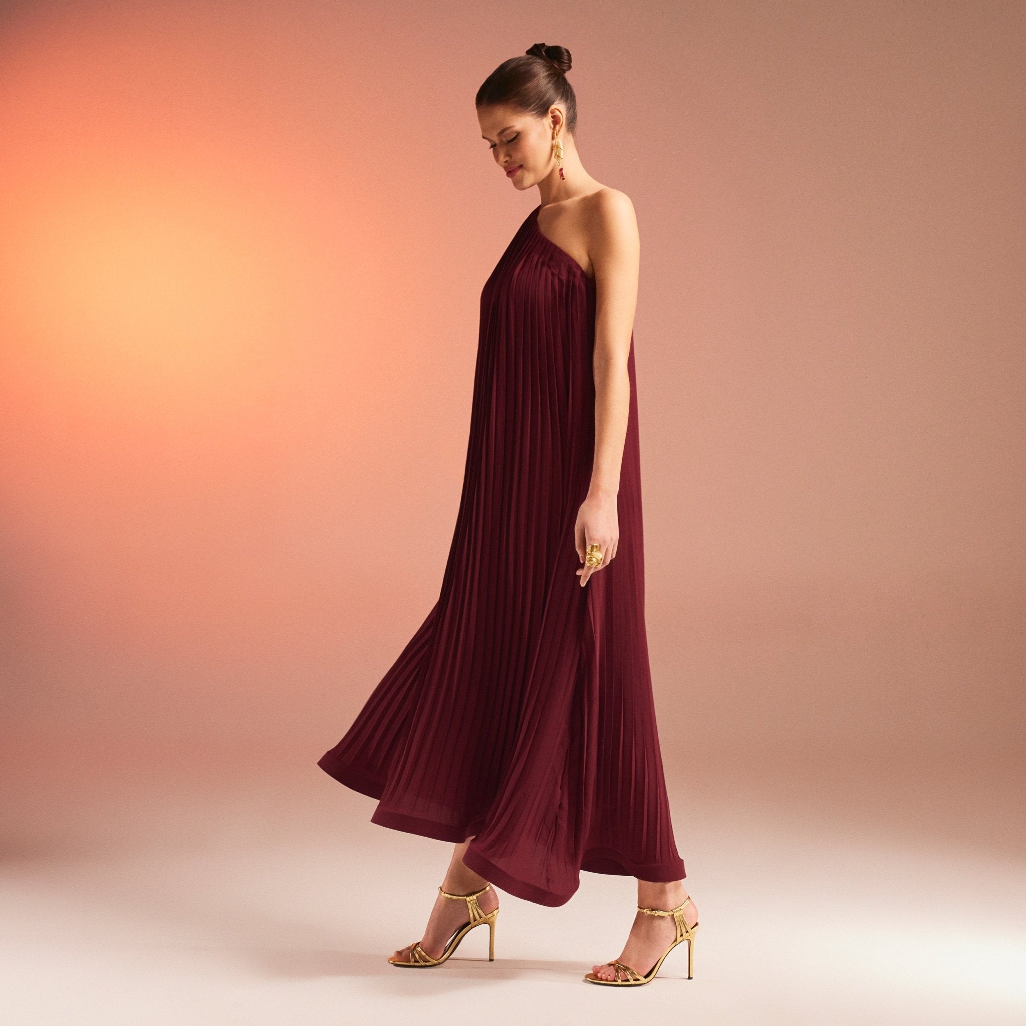 Pleated One Shoulder Long Sleeve Dress - shopaleena