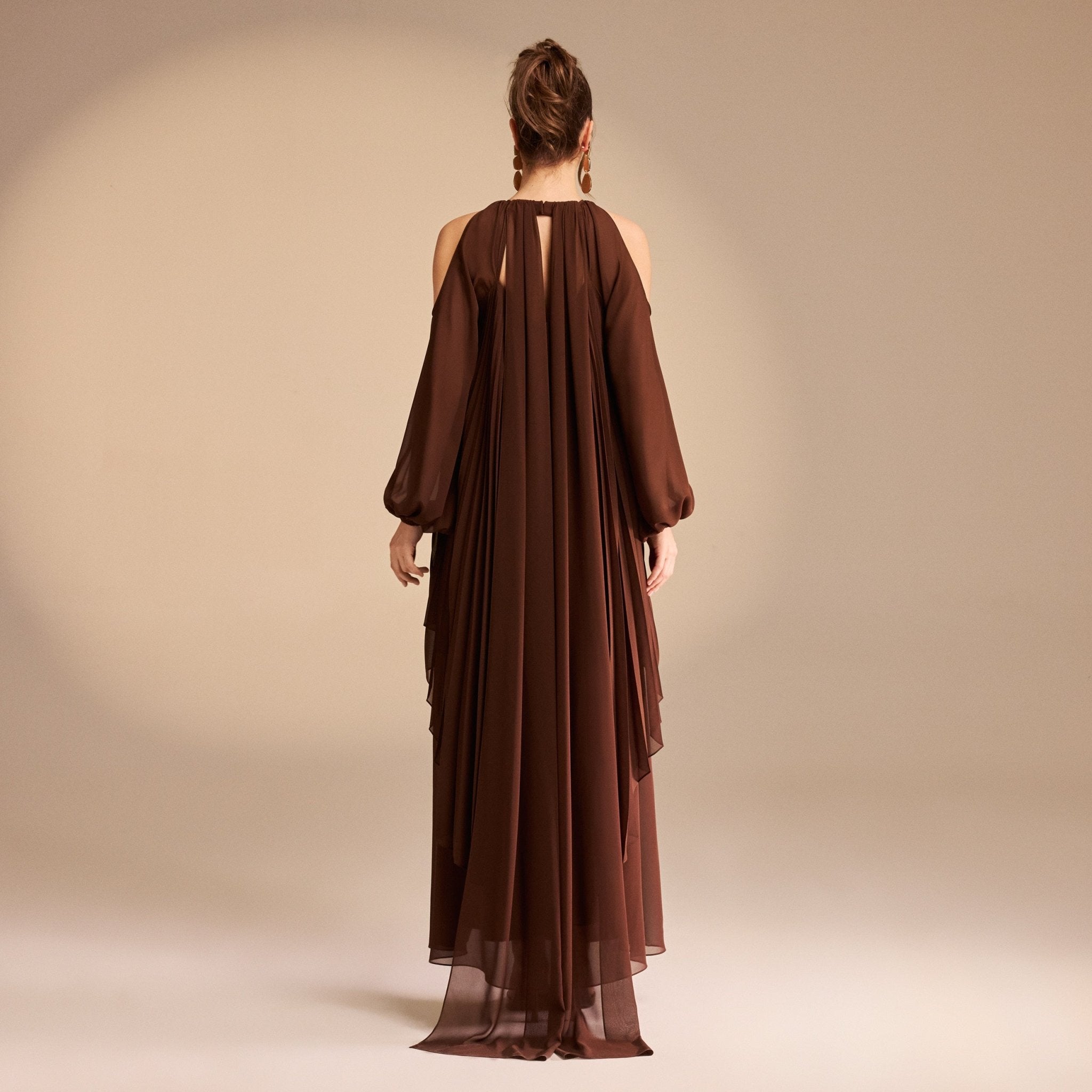 Poet Shoulder Pleated Long Sleeve Chiffon Dress - shopaleena