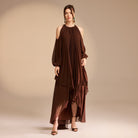 Poet Shoulder Pleated Long Sleeve Chiffon Dress - shopaleena