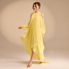 Poet Shoulder Pleated Long Sleeve Chiffon Dress - shopaleena