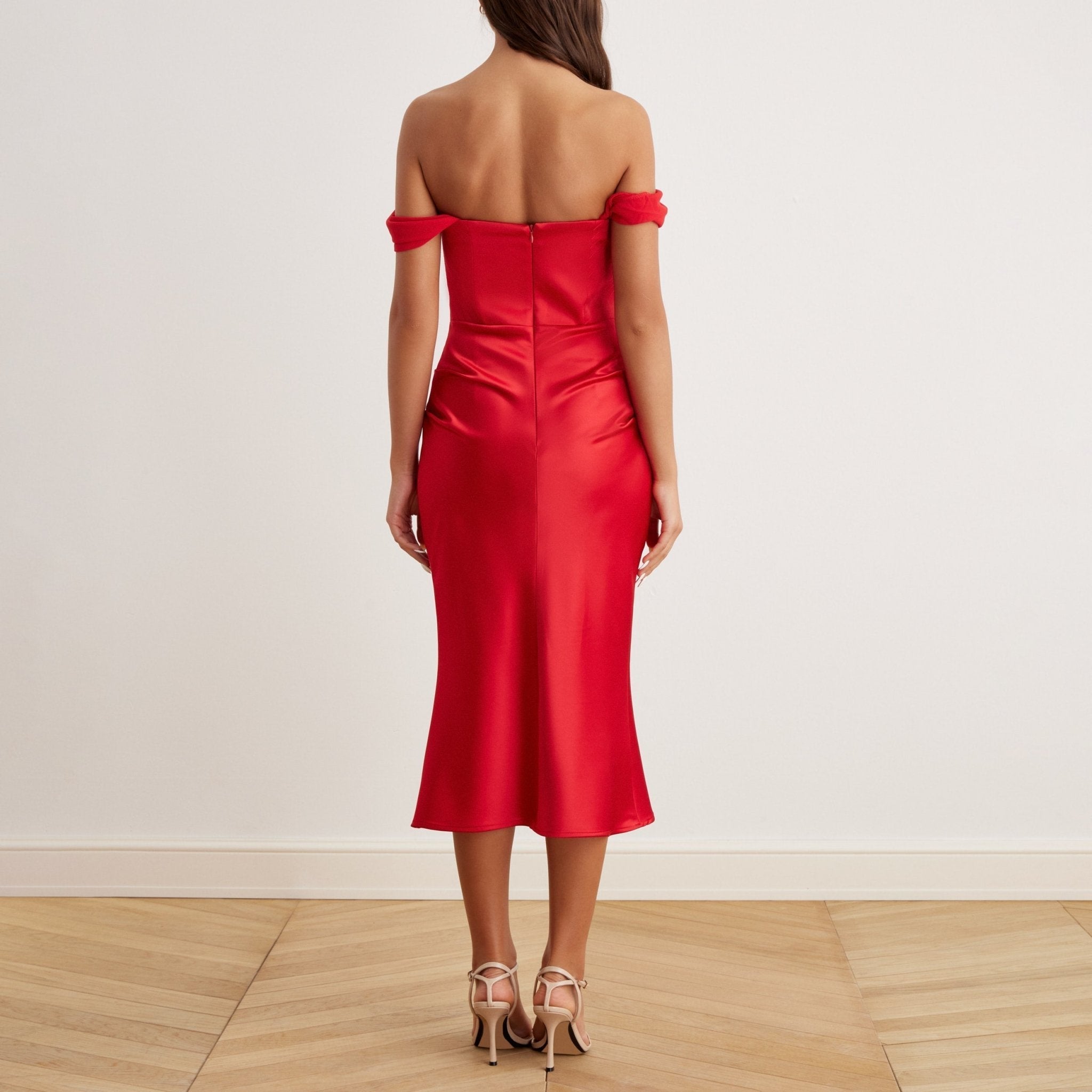 Satin Off-Shoulder Corset Midi Dress - shopaleena