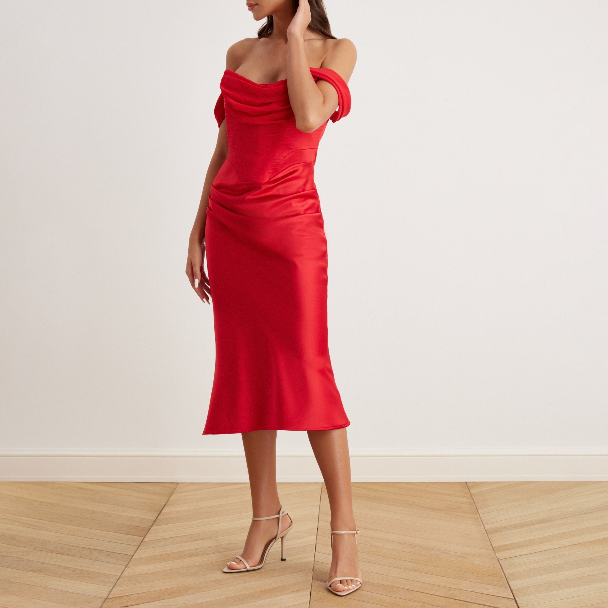 Satin Off-Shoulder Corset Midi Dress - shopaleena