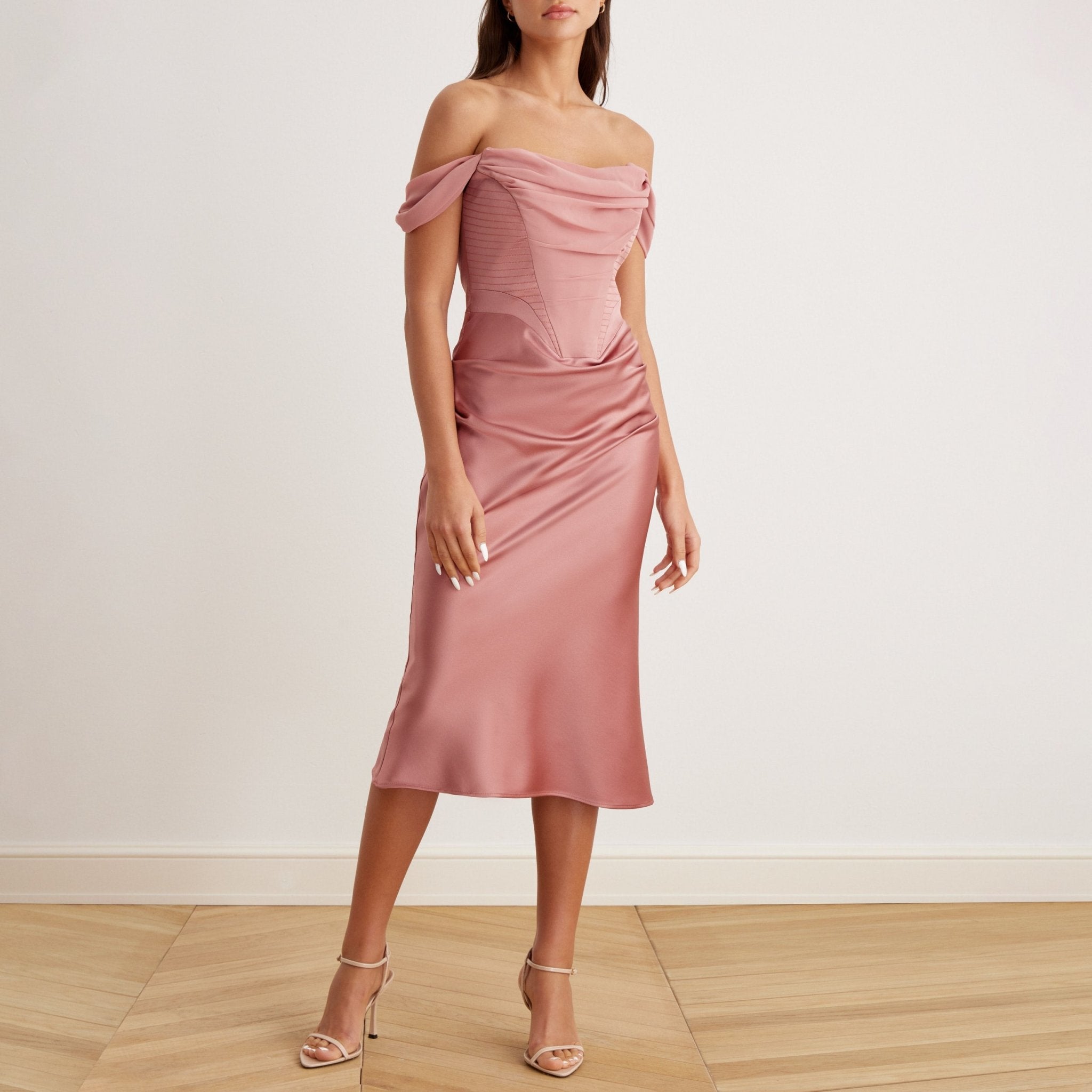 Satin Off-Shoulder Corset Midi Dress - shopaleena
