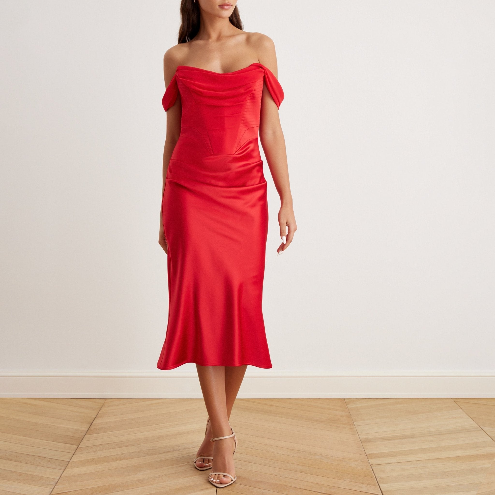 Satin Off-Shoulder Corset Midi Dress - shopaleena