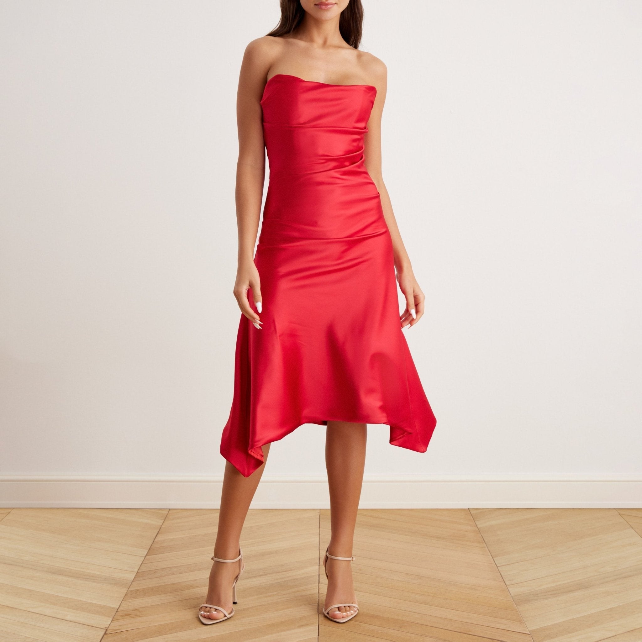 Satin Strapless Midi Dress - shopaleena
