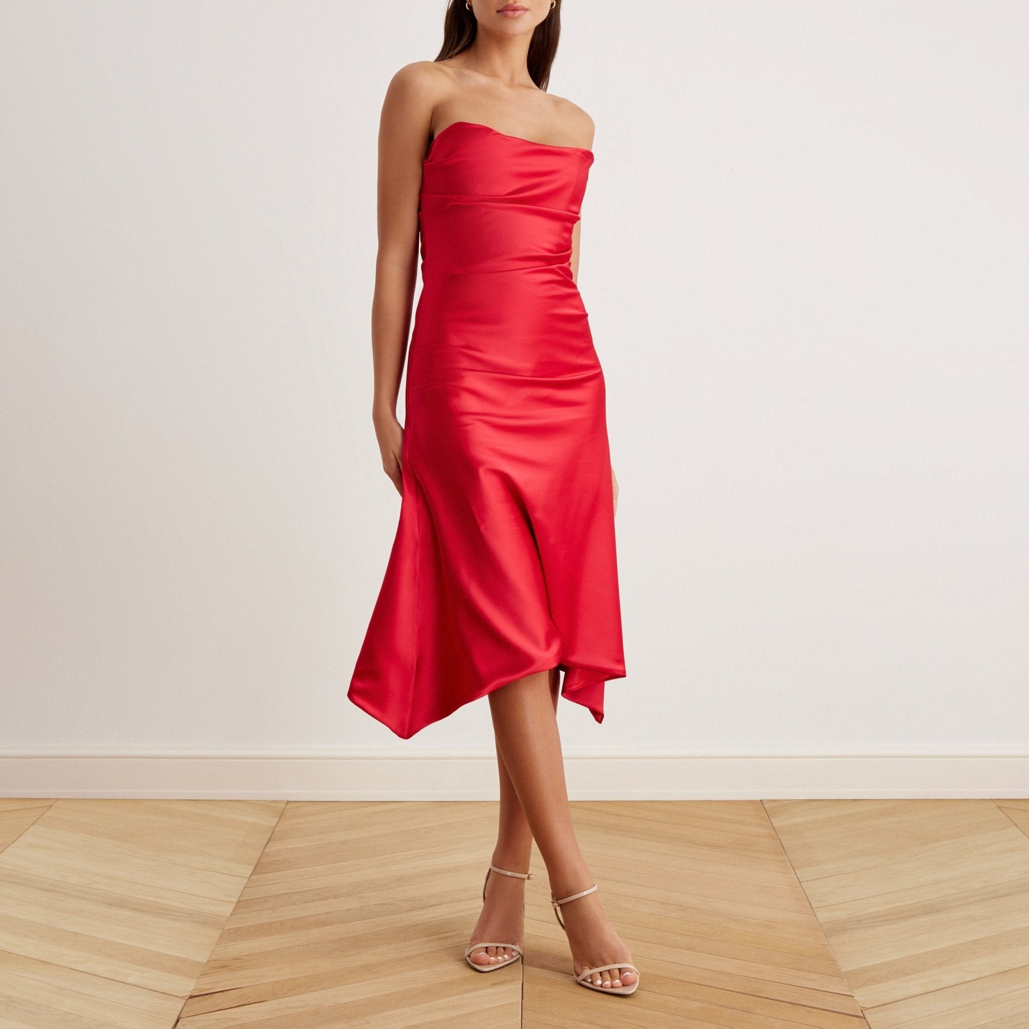 Satin Strapless Midi Dress - shopaleena