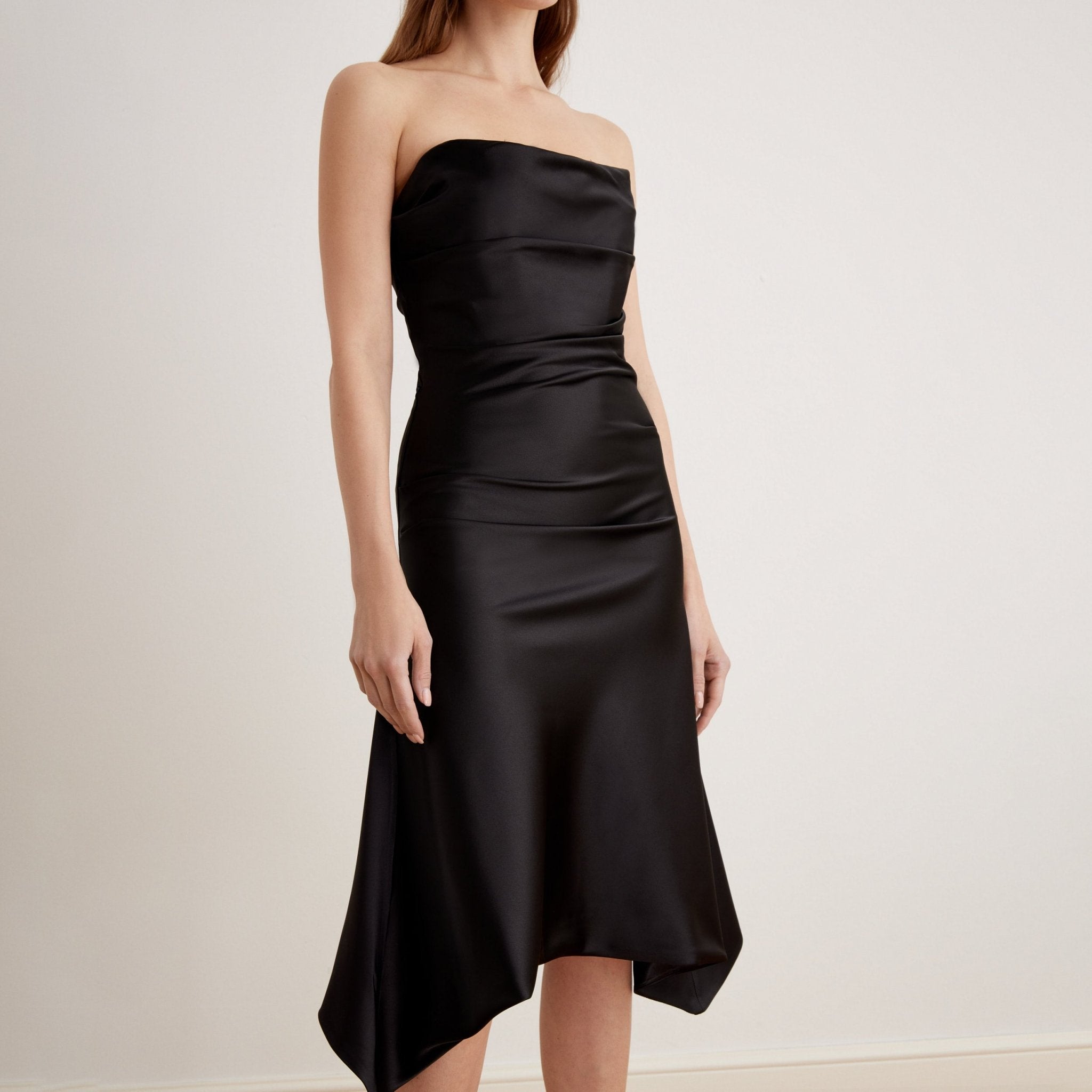 Satin Strapless Midi Dress - shopaleena