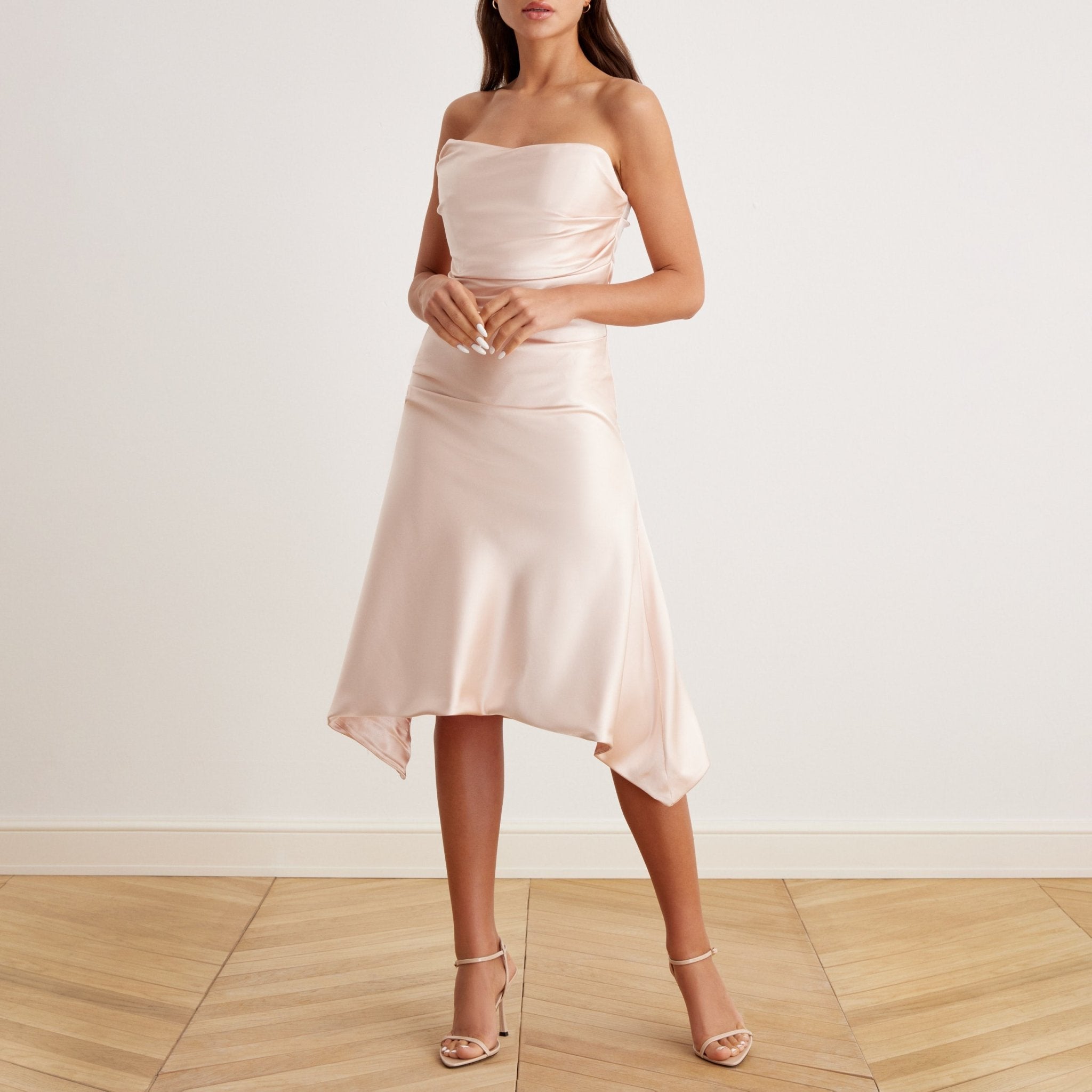 Satin Strapless Midi Dress - shopaleena