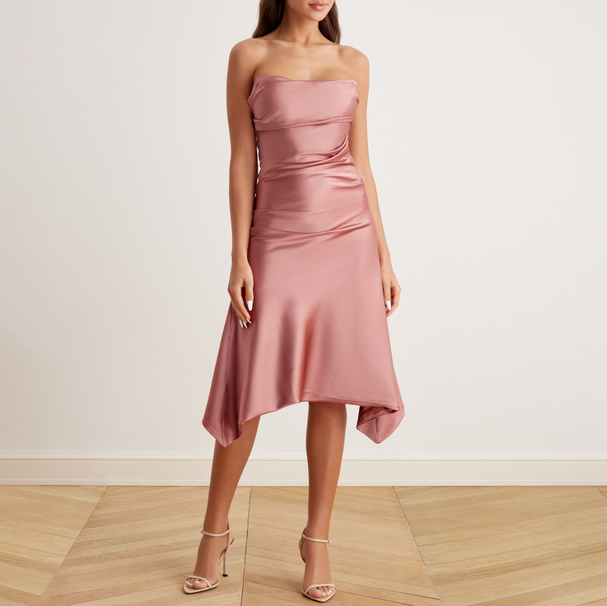 Satin Strapless Midi Dress - shopaleena