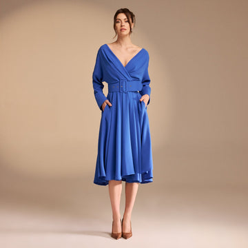 V-Neck Long Sleeve Midi Dress - shopaleena