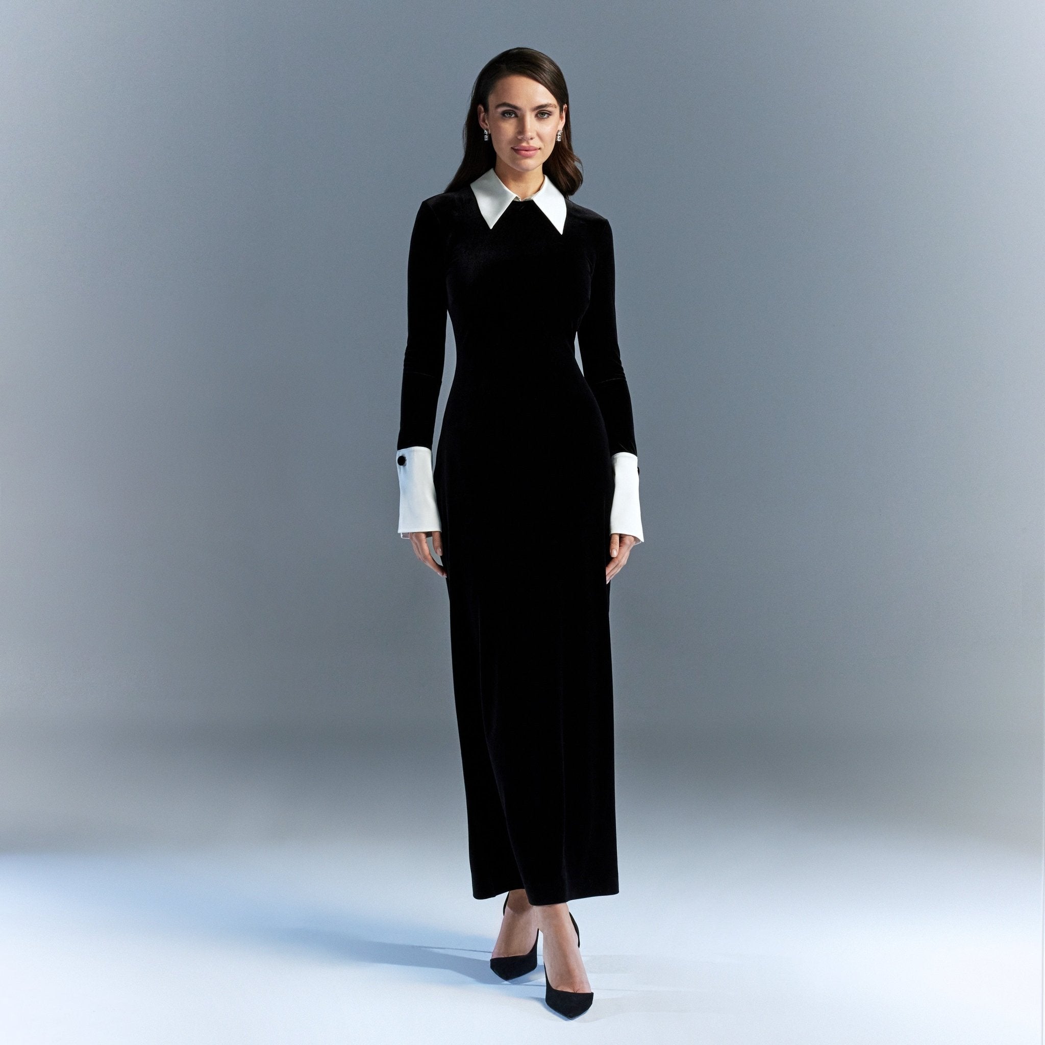 Black Velvet Maxi Dress with White Collar